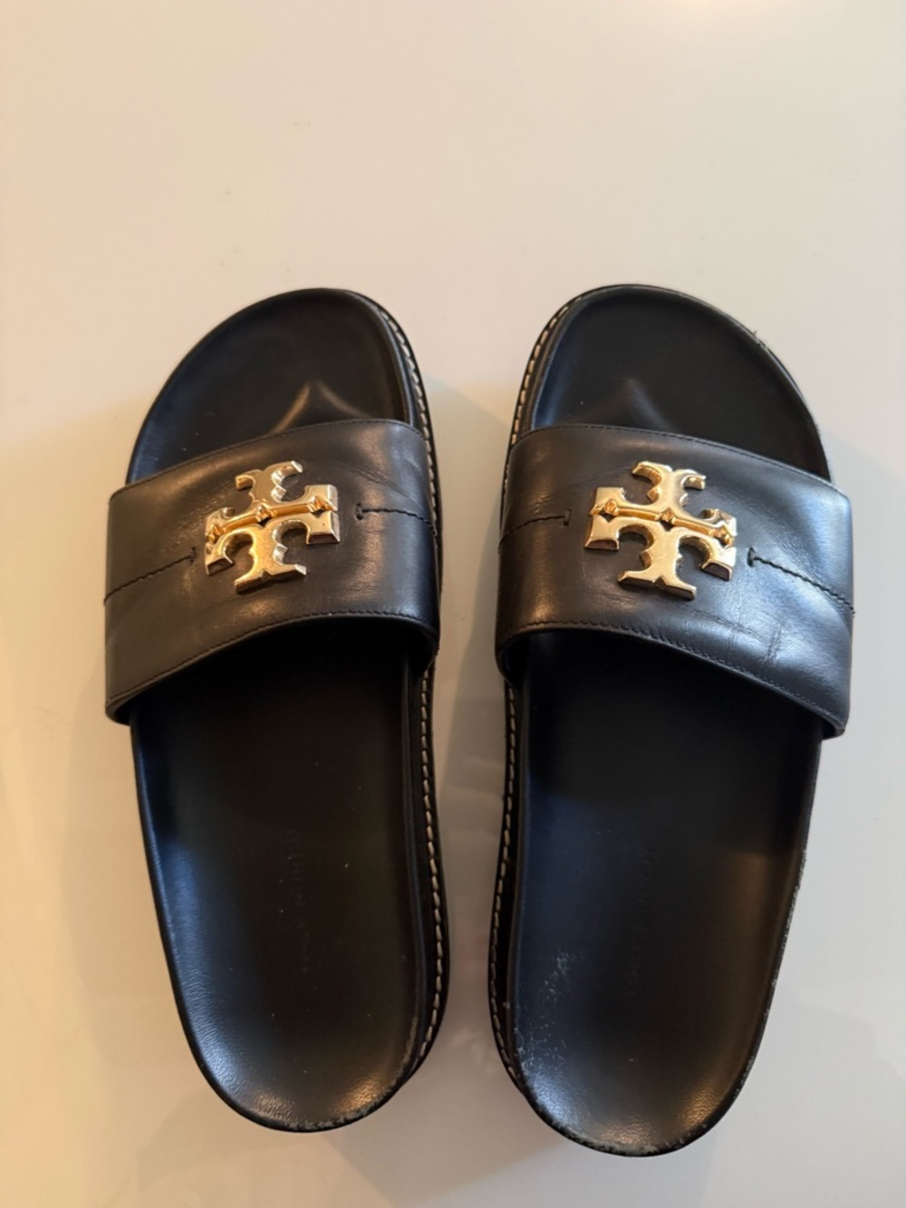 Tory Burch Black Leather Slide Sandals with Gold Logo